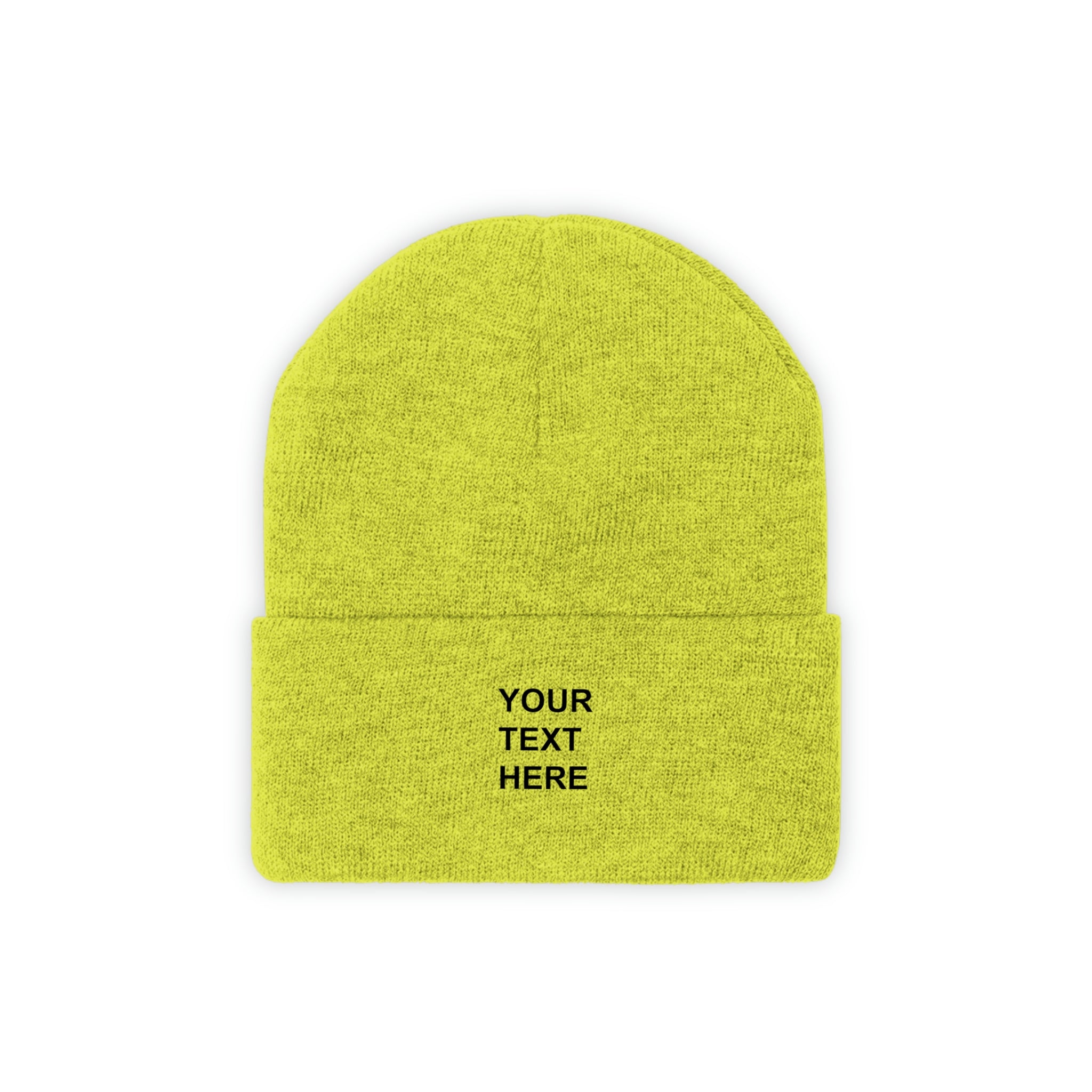A cozy personalized knit beanie in various colors, featuring custom text options for a unique touch.