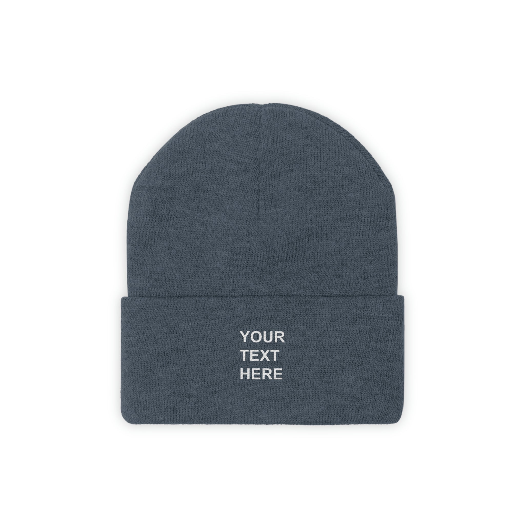 A cozy personalized knit beanie in various colors, featuring custom text options for a unique touch.