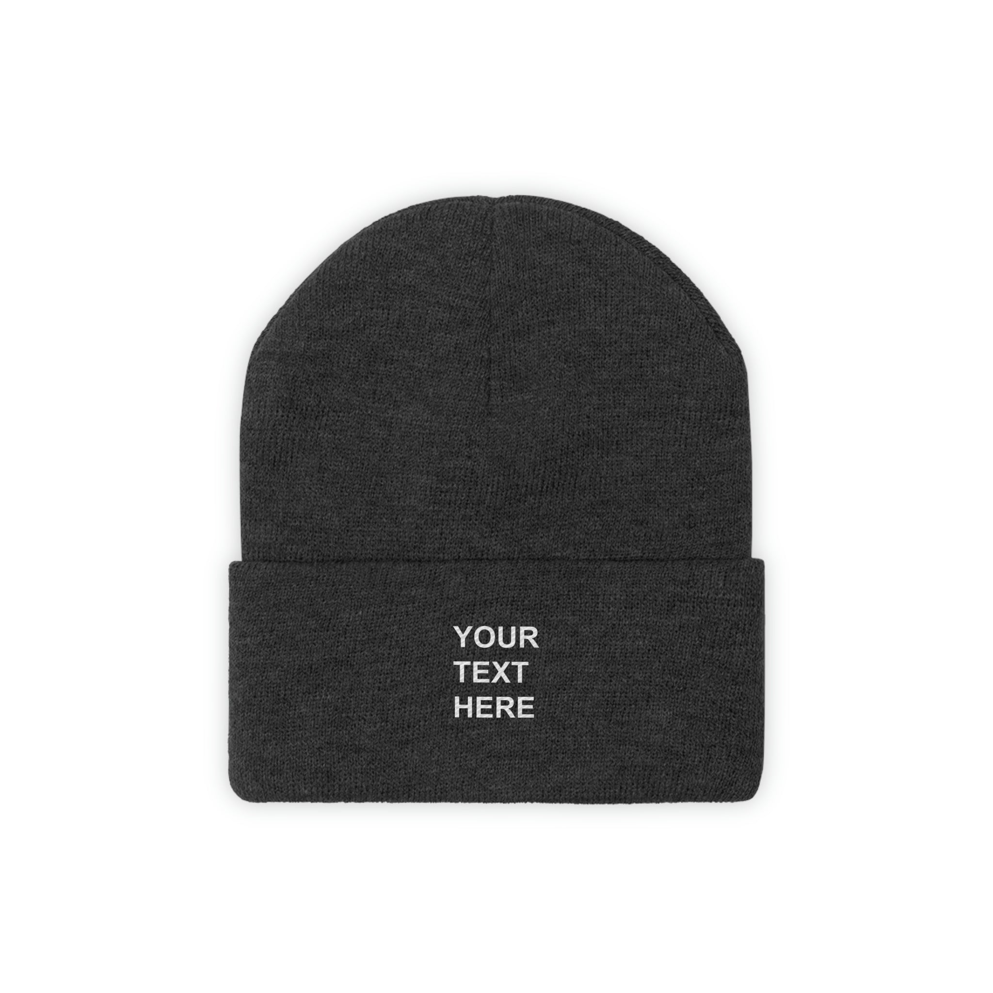 A cozy personalized knit beanie in various colors, featuring custom text options for a unique touch.
