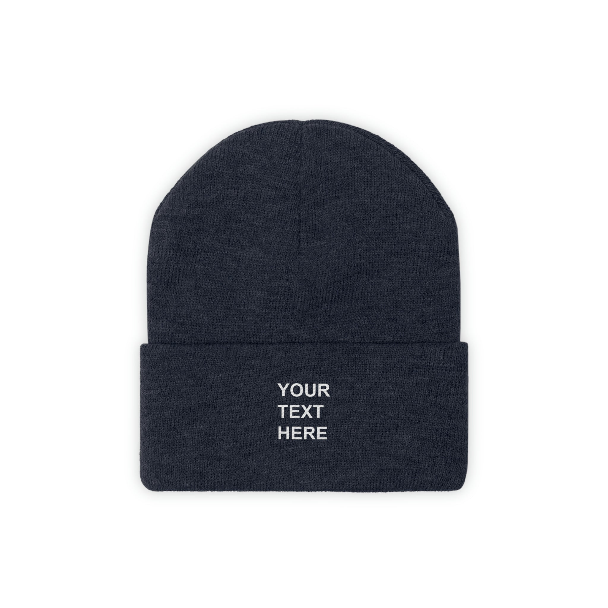 A cozy personalized knit beanie in various colors, featuring custom text options for a unique touch.