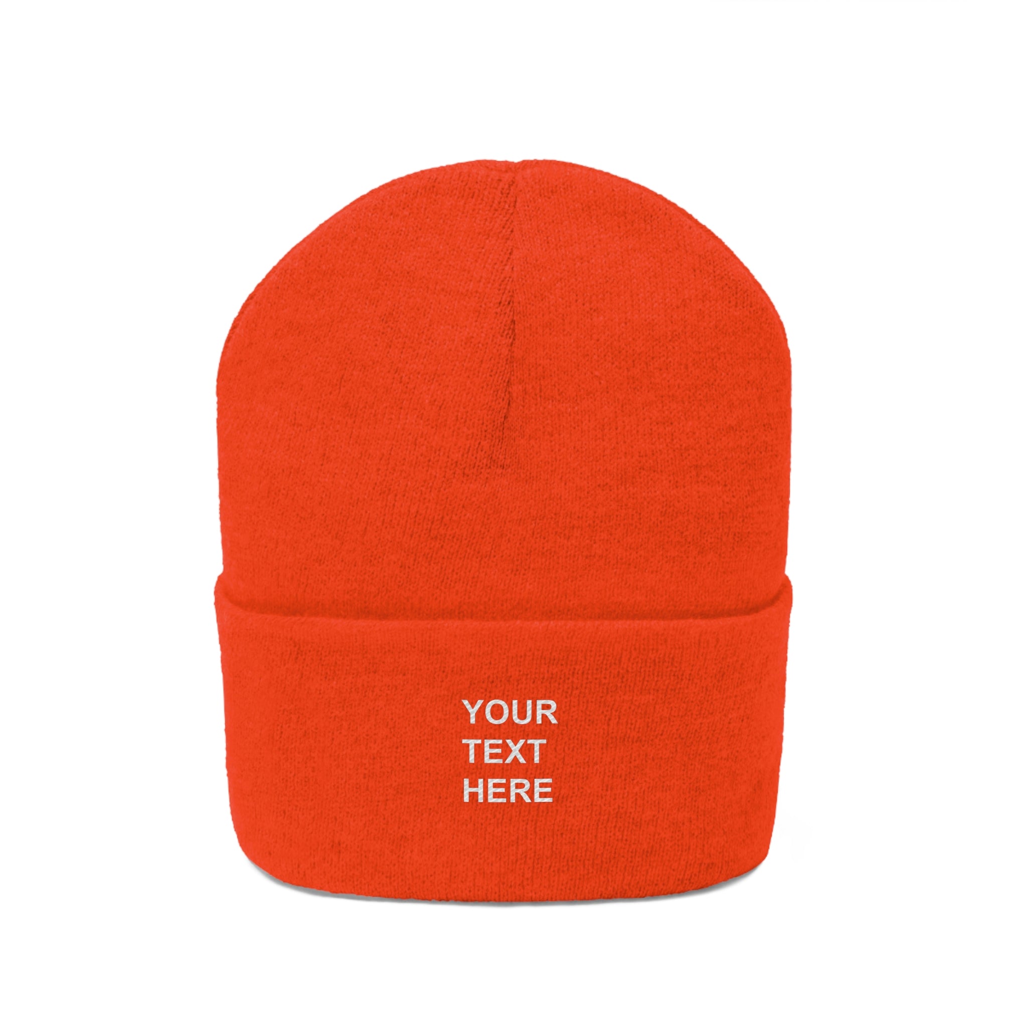 A cozy personalized knit beanie in various colors, featuring custom text options for a unique touch.