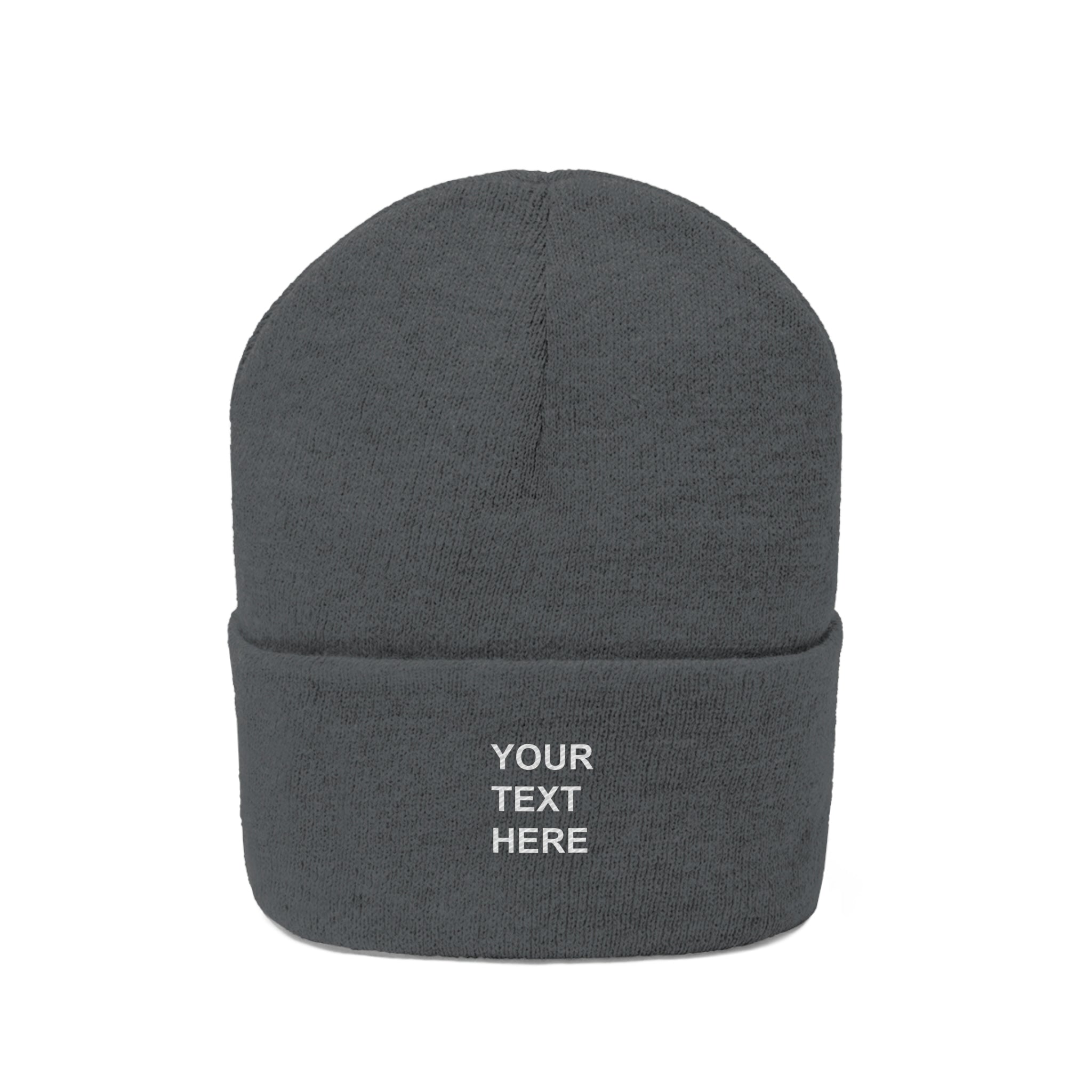 A cozy personalized knit beanie in various colors, featuring custom text options for a unique touch.
