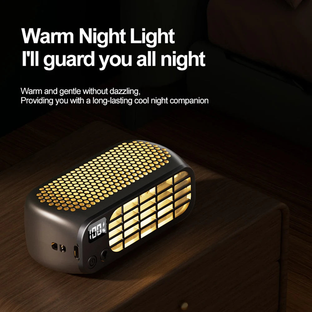 Portable bladeless fan in green color with adjustable wind speeds and night light feature, designed for desktop and travel use.