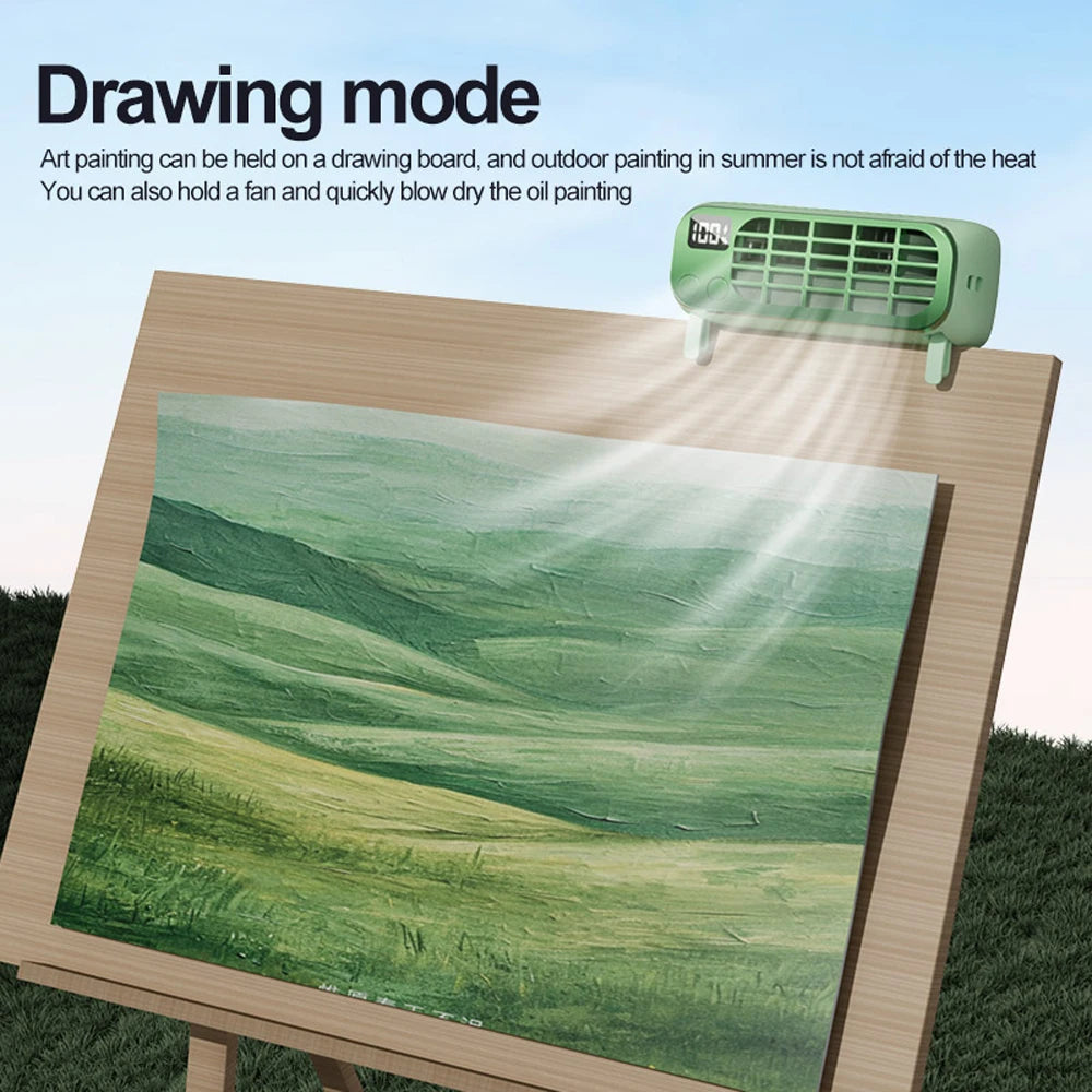 Portable bladeless fan in green color with adjustable wind speeds and night light feature, designed for desktop and travel use.