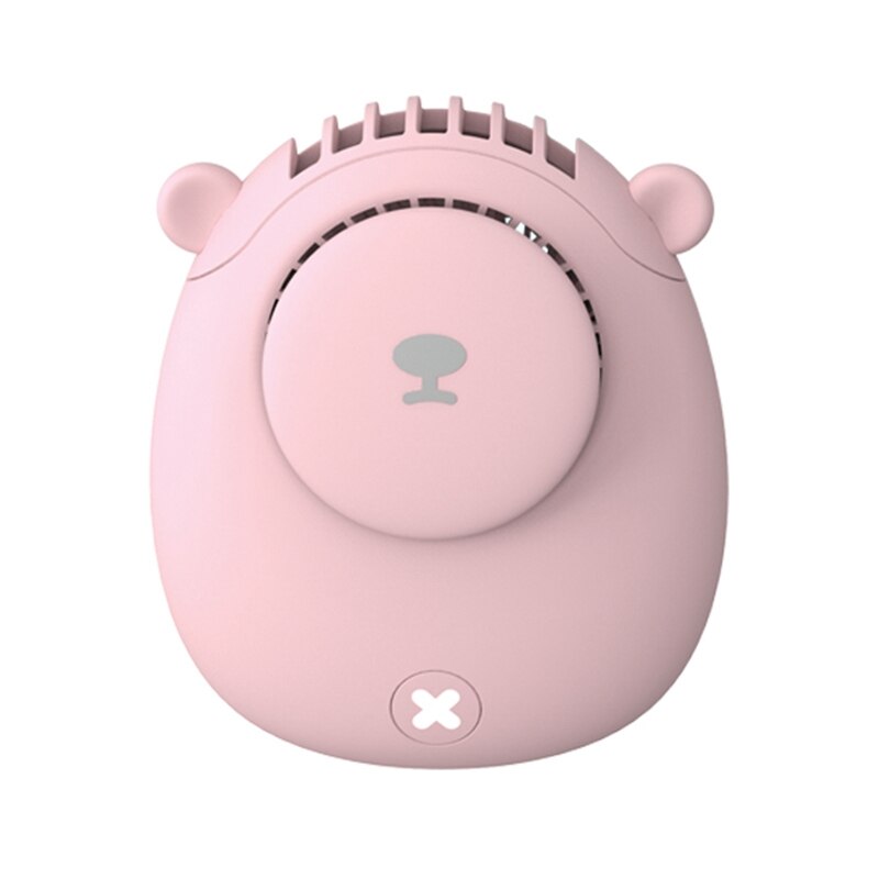 Portable Electrical Neck Fan in pink, blue, and white colors, designed for hands-free cooling with adjustable wind speeds.