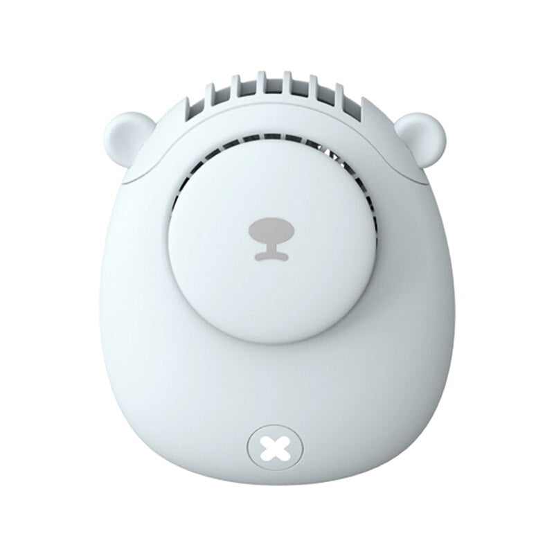 Portable Electrical Neck Fan in pink, blue, and white colors, designed for hands-free cooling with adjustable wind speeds.