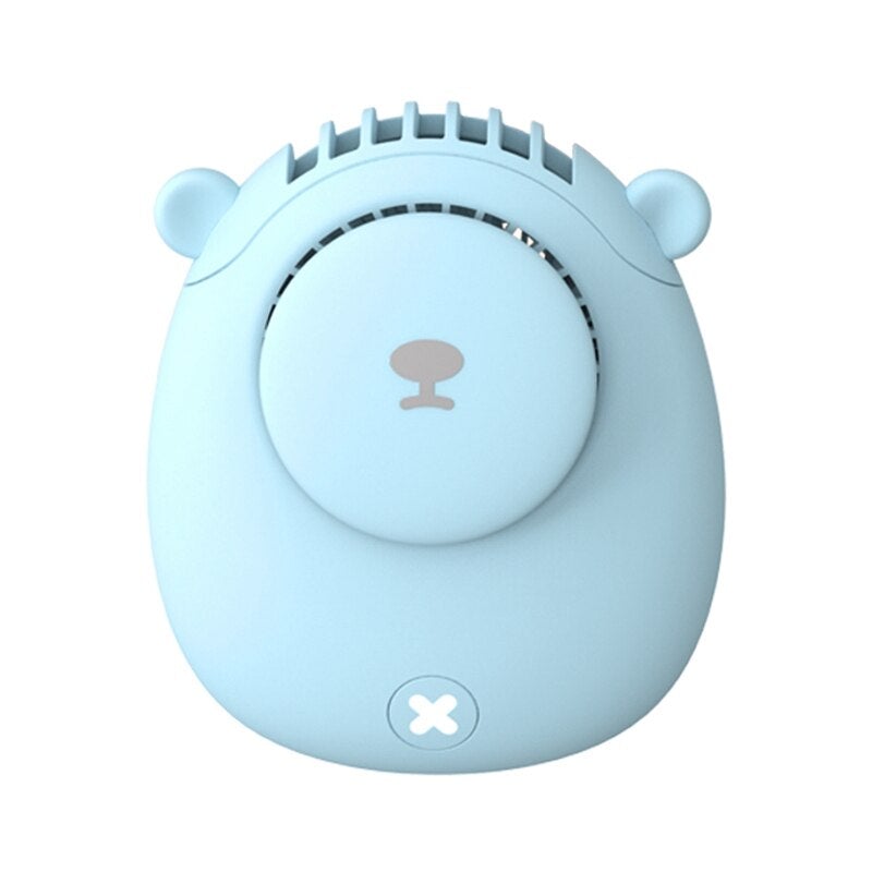 Portable Electrical Neck Fan in pink, blue, and white colors, designed for hands-free cooling with adjustable wind speeds.