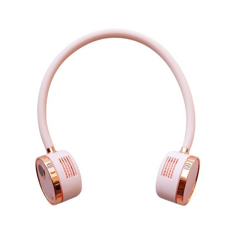 Portable Leafless Lazy Hanging Dual Cooling Neck Fan in pink, designed for hands-free cooling with dual fans and adjustable settings.