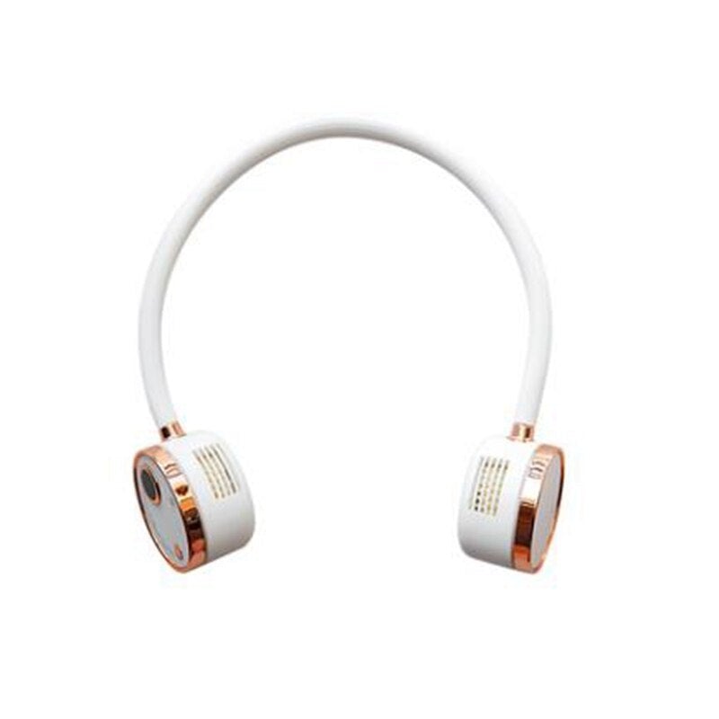 Portable Leafless Lazy Hanging Dual Cooling Neck Fan in pink, designed for hands-free cooling with dual fans and adjustable settings.