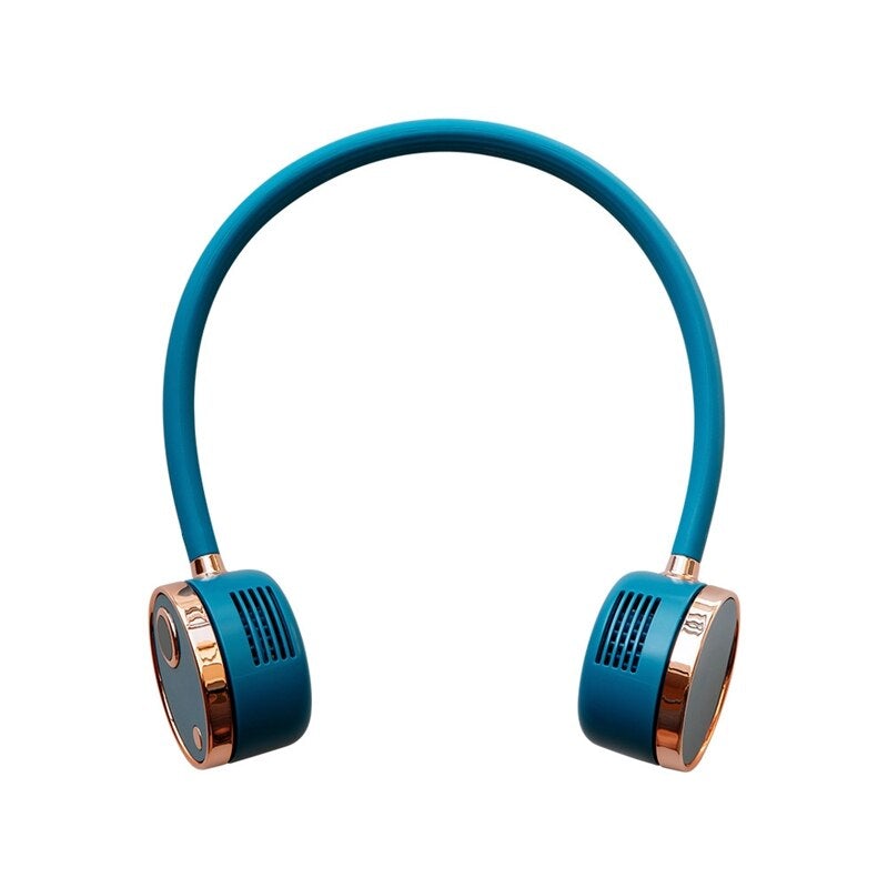 Portable Leafless Lazy Hanging Dual Cooling Neck Fan in pink, designed for hands-free cooling with dual fans and adjustable settings.