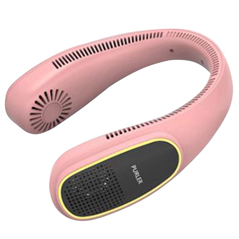 Portable Lightweight Negative Ion Hanging Neck Fan in blue, designed for personal cooling with a stylish headphone-like appearance.