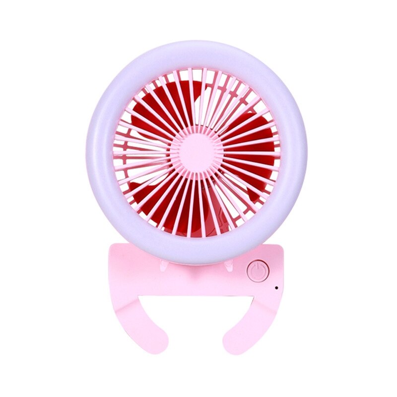 Portable Mini Mobile Phone Light Clip Fan in pink, featuring a mesh design, LED light, and adjustable wind settings.