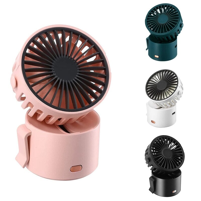 Portable Personal USB Rechargeable Battery Operated Fan in various colors, showcasing its compact design and stylish appearance.