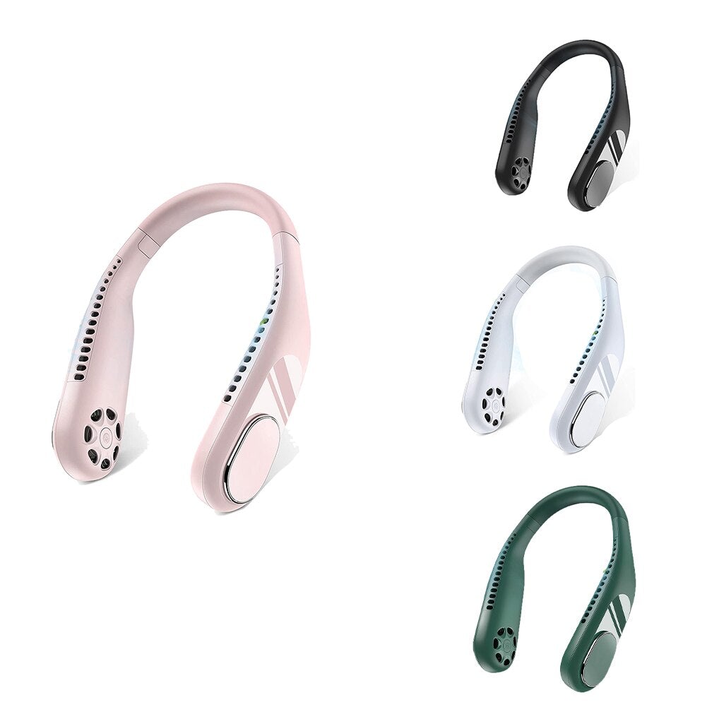 Portable rechargeable hands-free fan in various colors, showcasing its flexible design and dual turbine cooling feature.