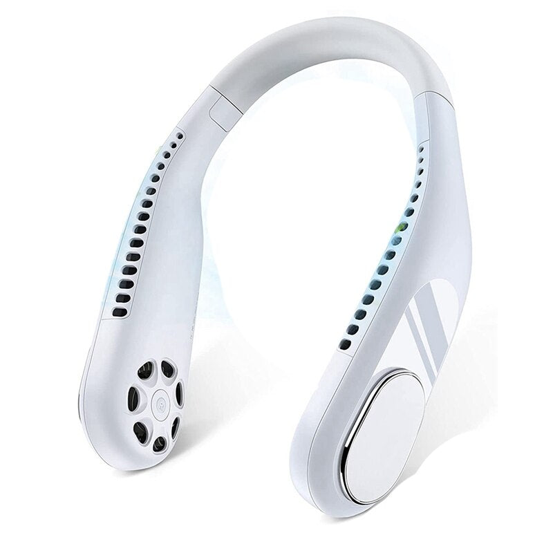 Portable rechargeable hands-free fan in various colors, showcasing its flexible design and dual turbine cooling feature.