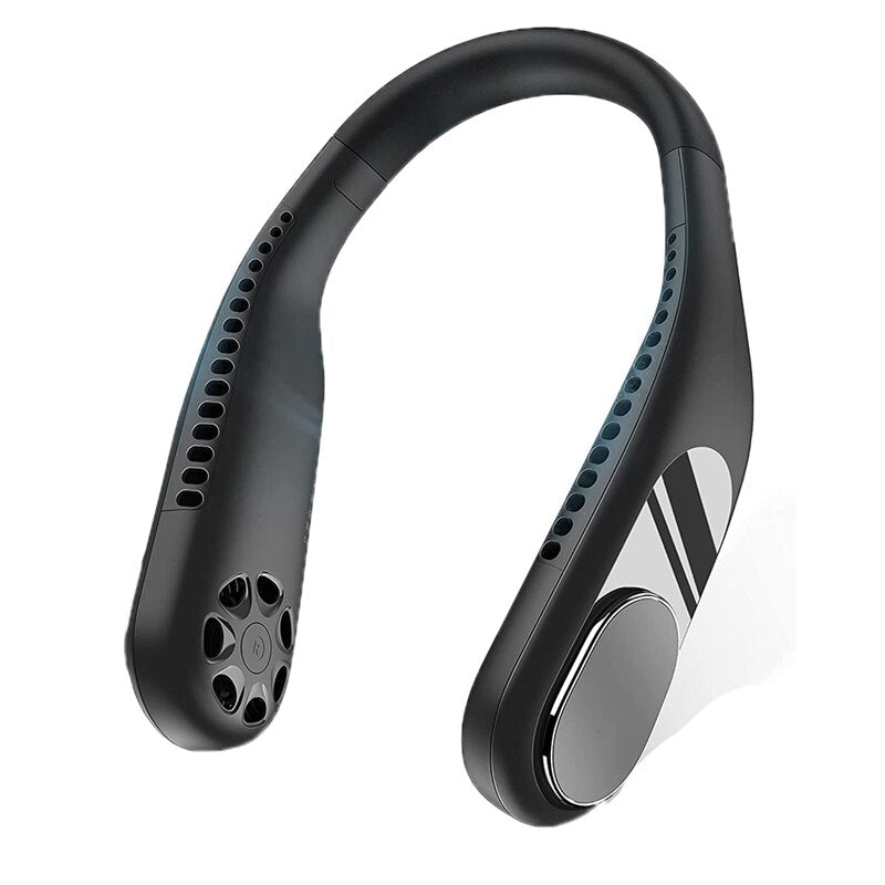 Portable rechargeable hands-free fan in various colors, showcasing its flexible design and dual turbine cooling feature.