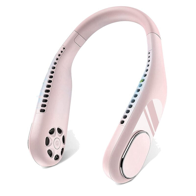 Portable rechargeable hands-free fan in various colors, showcasing its flexible design and dual turbine cooling feature.