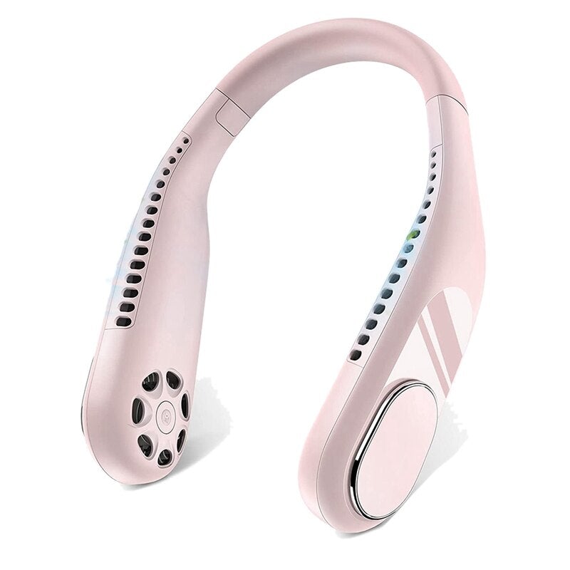 Portable rechargeable hands-free fan in various colors, showcasing its flexible design and dual turbine cooling feature.