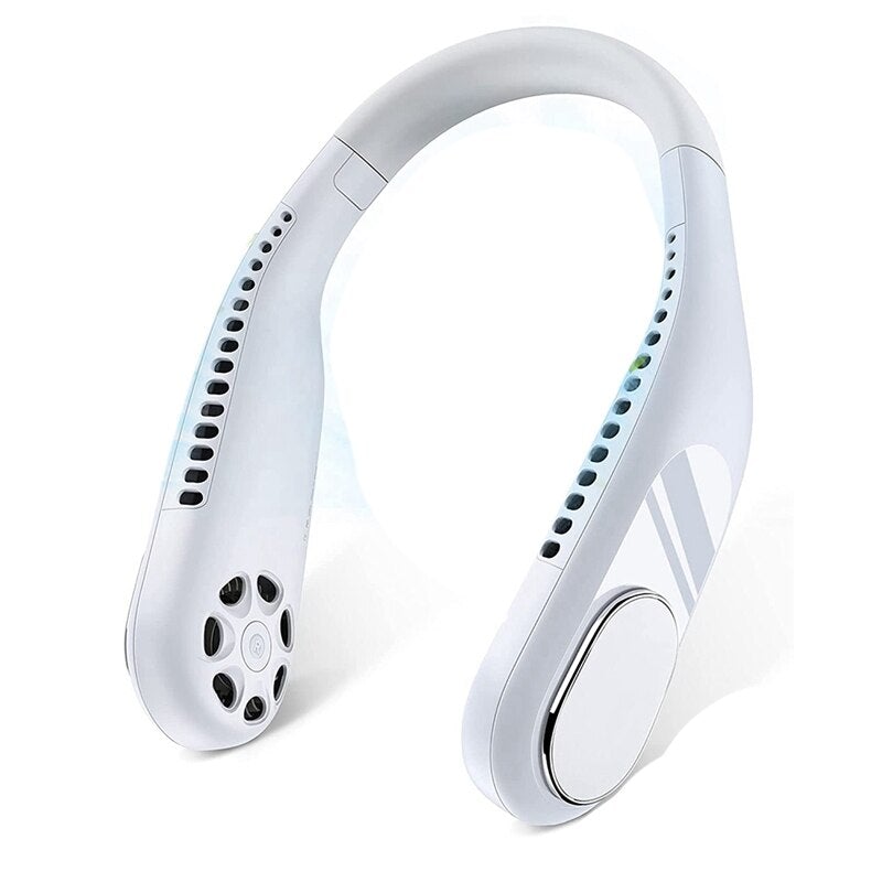 Portable rechargeable hands-free fan in various colors, showcasing its flexible design and dual turbine cooling feature.