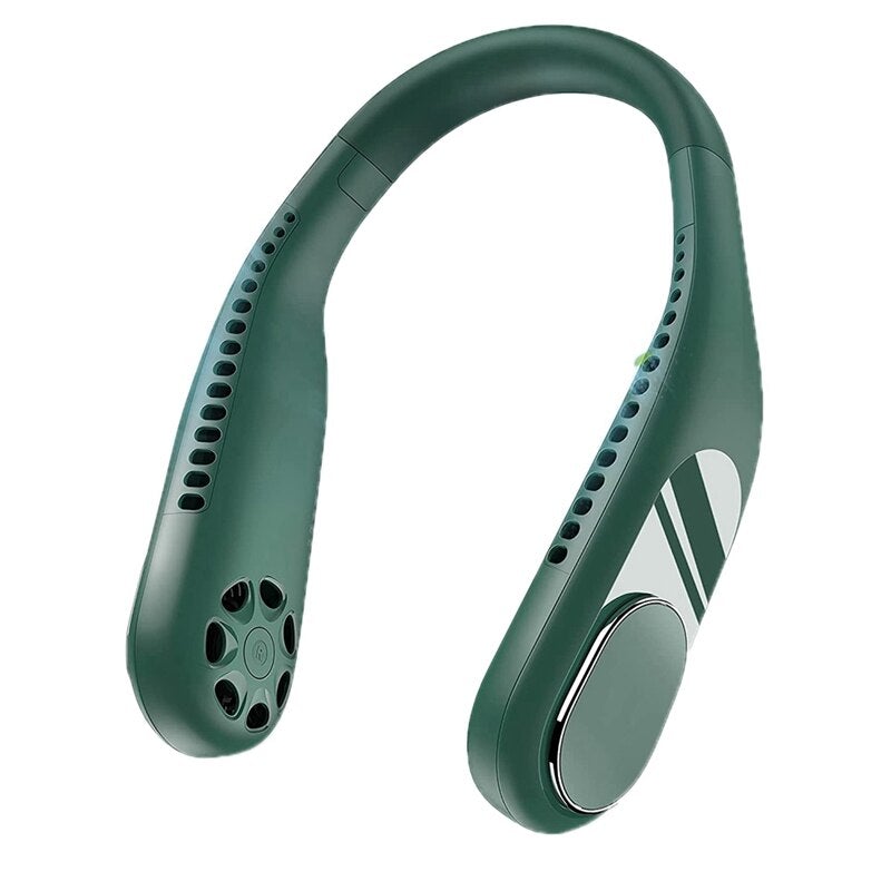 Portable rechargeable hands-free fan in various colors, showcasing its flexible design and dual turbine cooling feature.