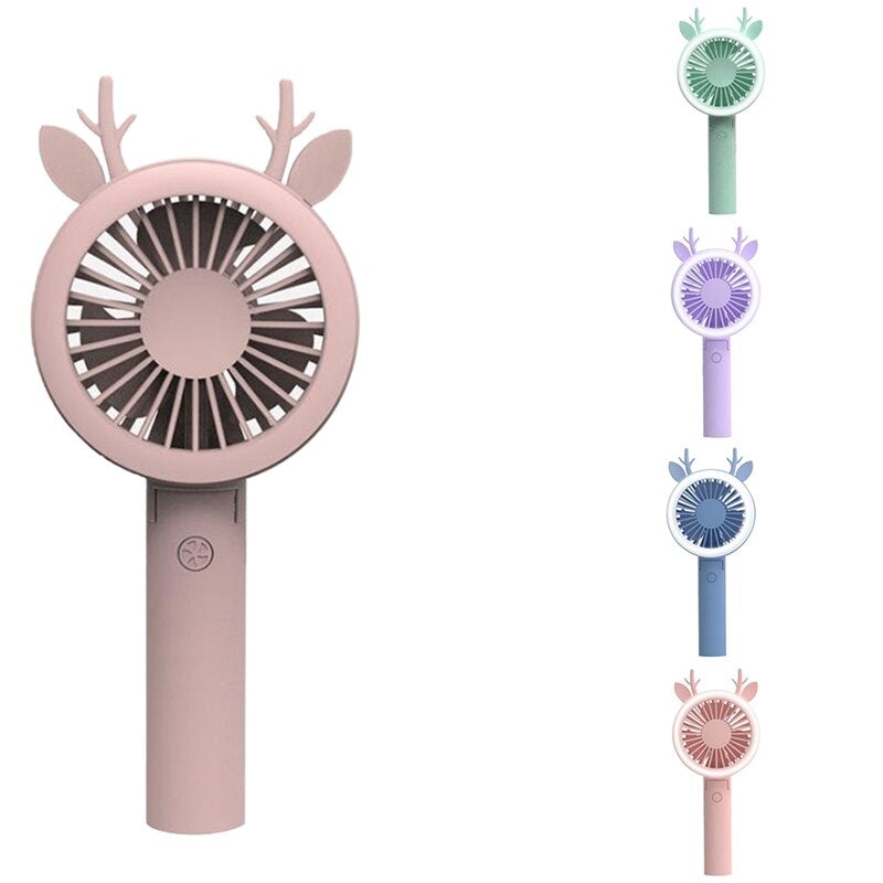 Rechargeable Air Cooler Hand Held USB Fan in cherry blossom pink, showcasing its compact design and USB charging feature.