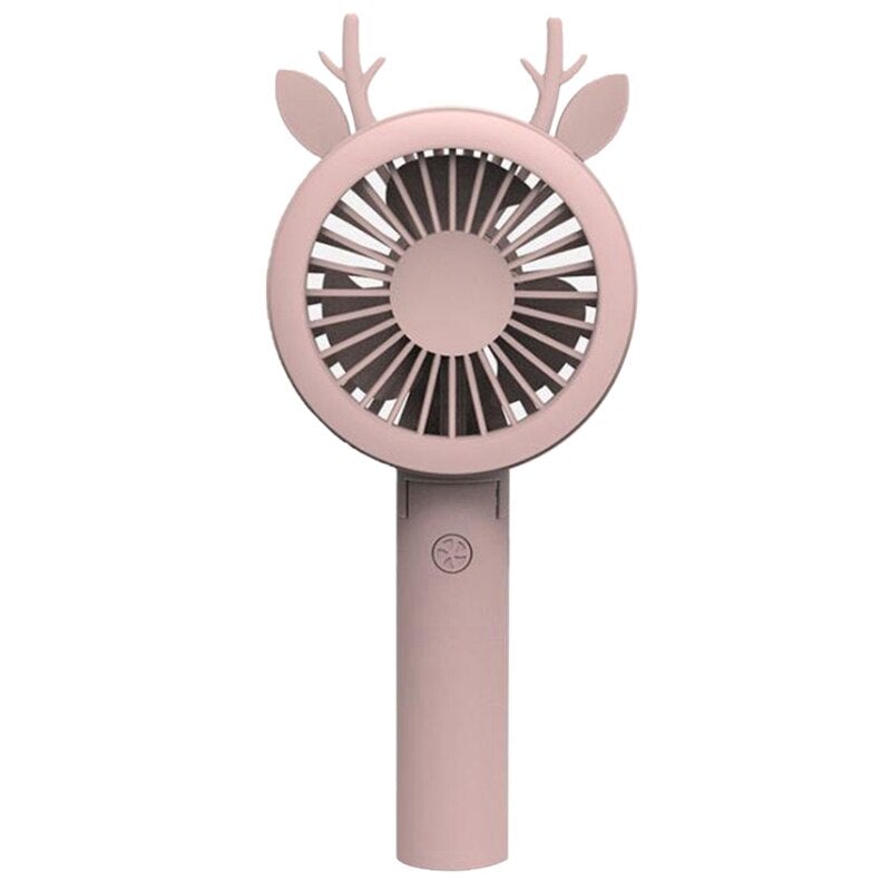 Rechargeable Air Cooler Hand Held USB Fan in cherry blossom pink, showcasing its compact design and USB charging feature.