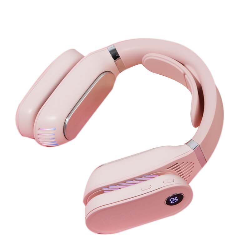 Rechargeable Small Bladeless Mini Portable Air Neck Fan in white, designed for cooling and heating with a sleek, lightweight design.