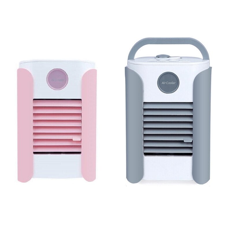 Small Personal USB Multifunctional Cooling Fan in pink and grey, showcasing its compact design and features.