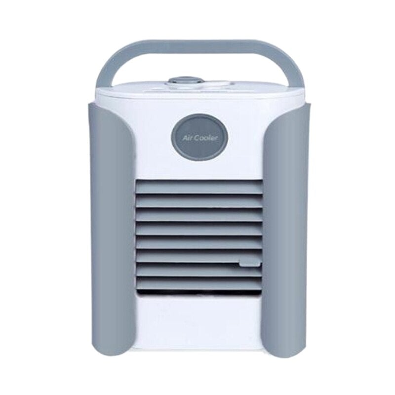 Small Personal USB Multifunctional Cooling Fan in pink and grey, showcasing its compact design and features.