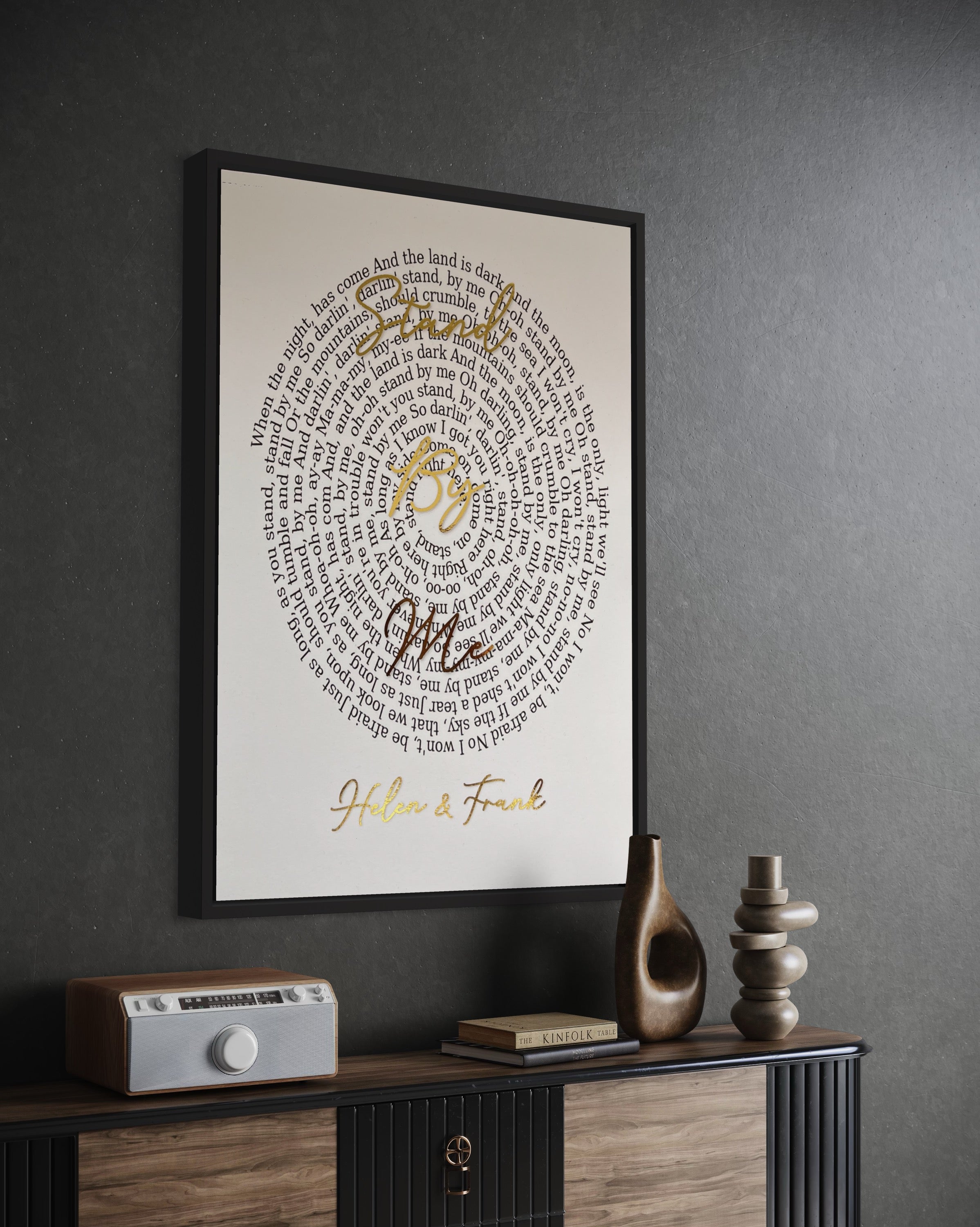 A beautifully designed Spiral Song Lyric Print featuring gold foil lyrics in an elegant spiral layout, personalized with names and song title.