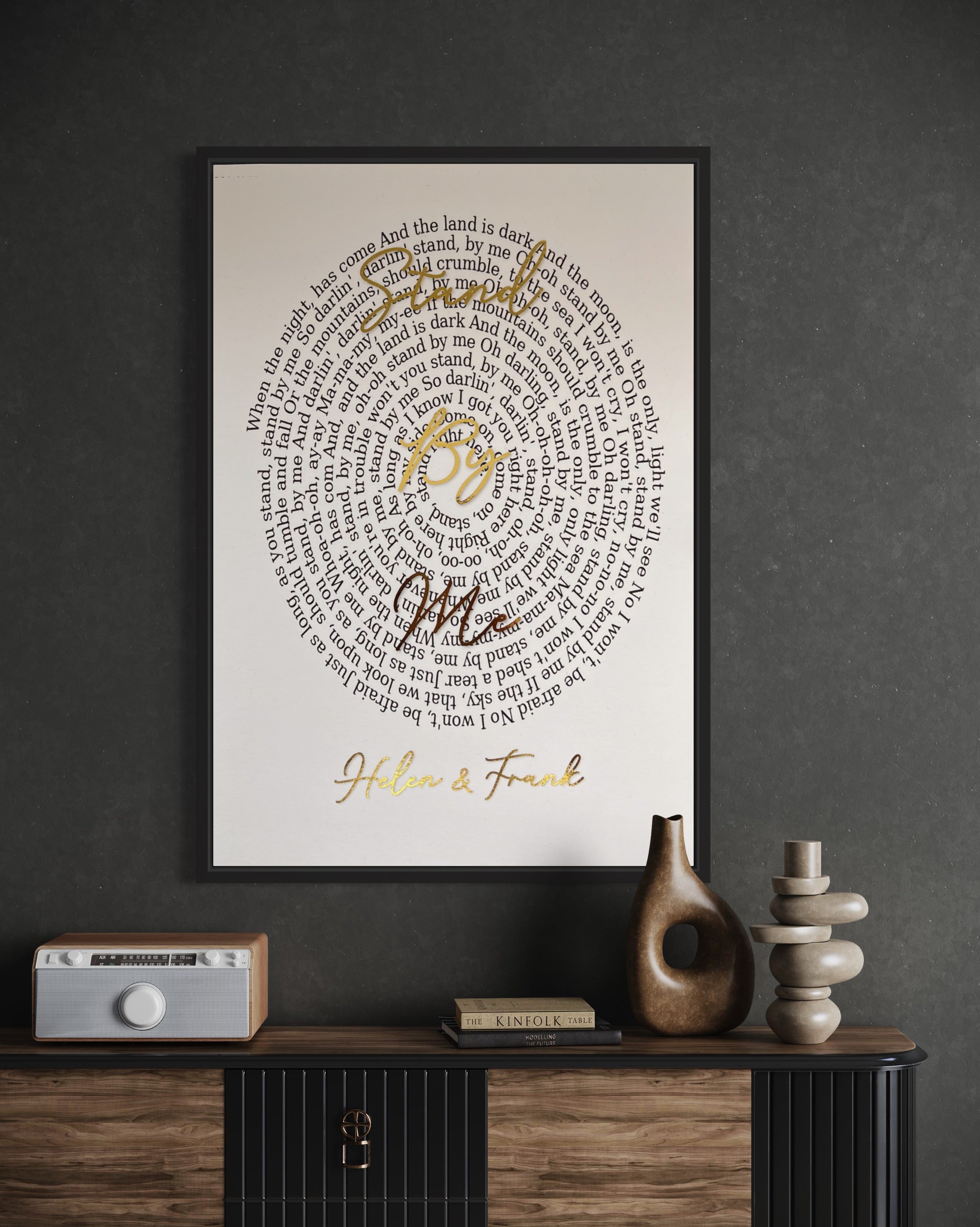 A beautifully designed Spiral Song Lyric Print featuring gold foil lyrics in an elegant spiral layout, personalized with names and song title.