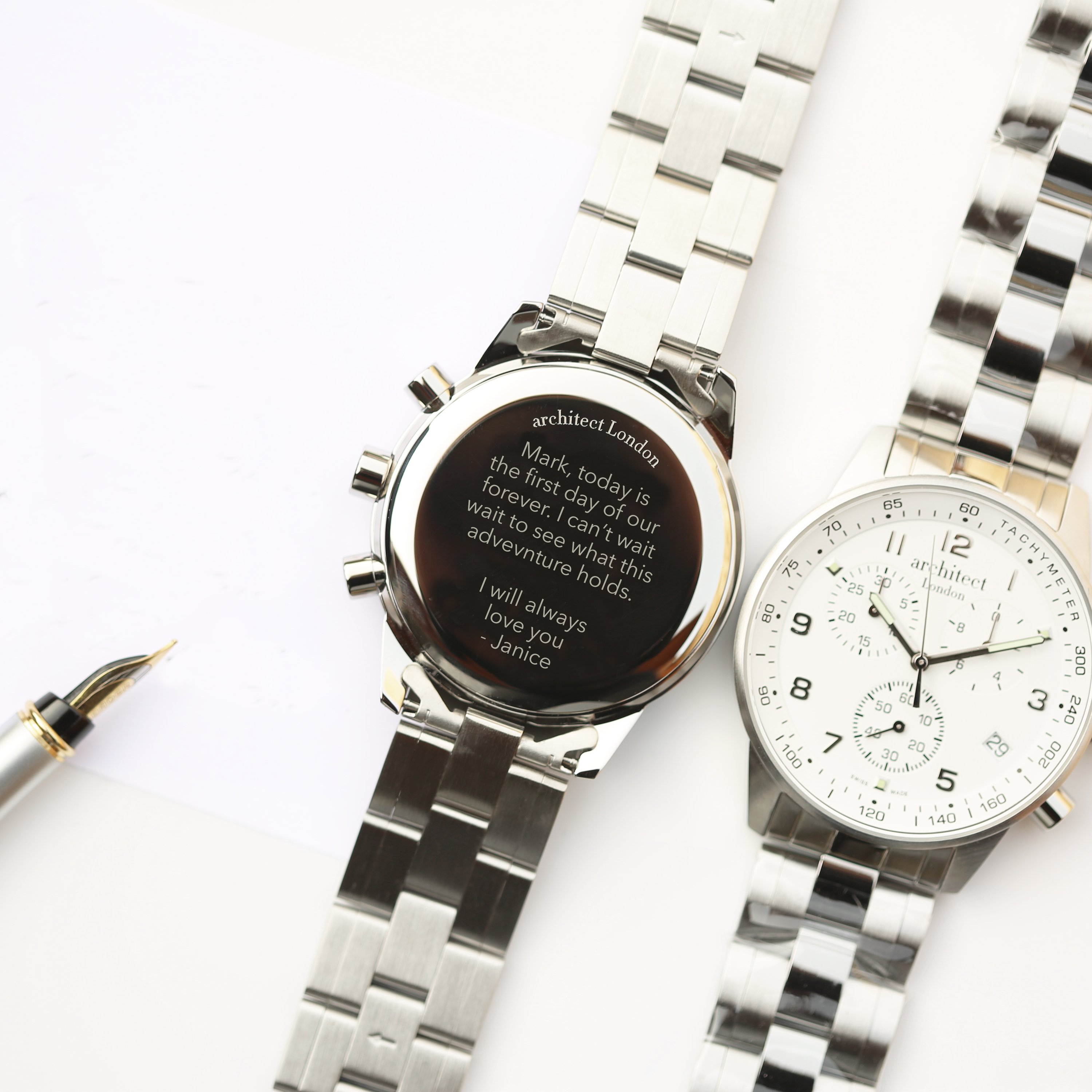 Swiss Made Men's Architect Endeavour watch with personalized engraving, showcasing its sleek design and high-quality materials.