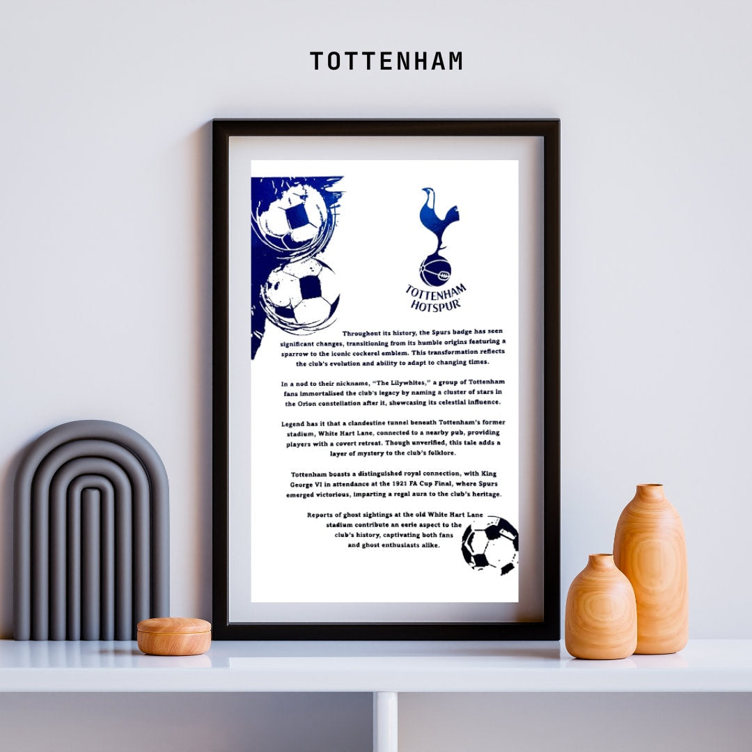A4 foil print featuring the Tottenham Hotspur logo in blue foil, showcasing the club's rich history and tradition.