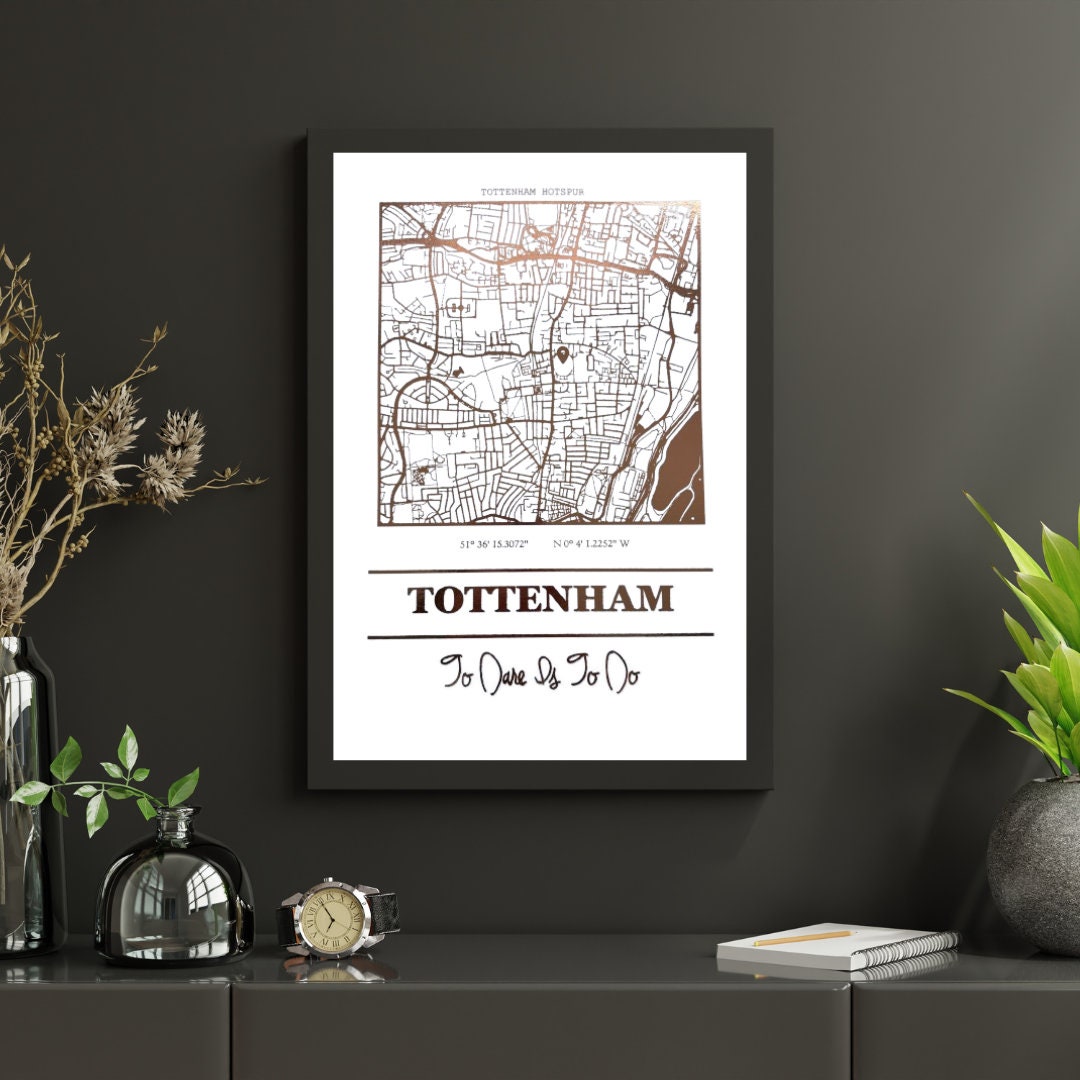 Foil map print of Tottenham Hotspur Stadium featuring intricate detailing and coordinates, perfect for fans.