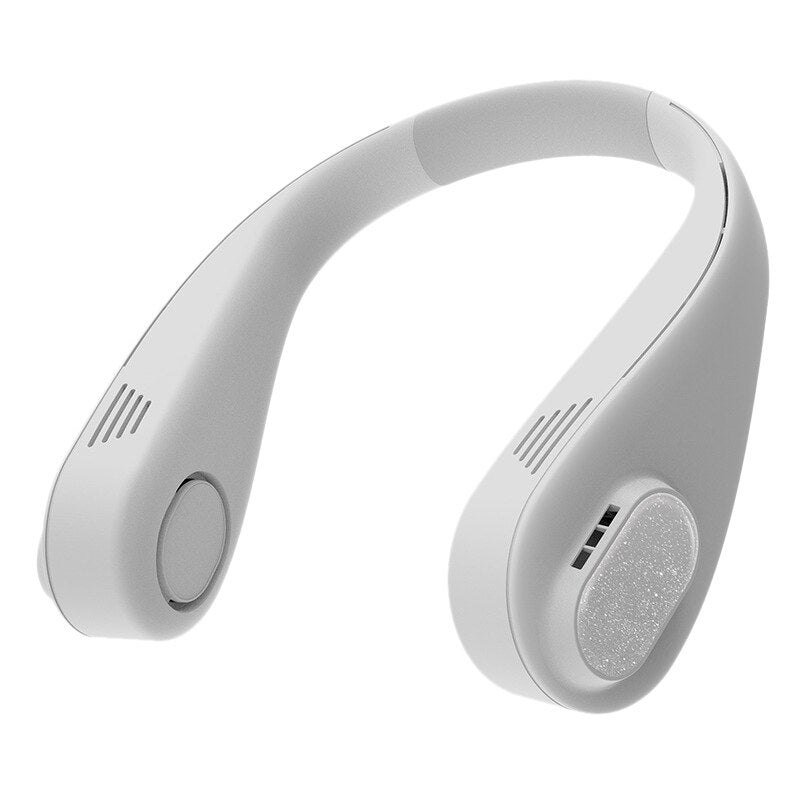 USB Leafless 3000mAh Battery Personal Fan with a bladeless design, showcasing its neckband and adjustable features in white color.