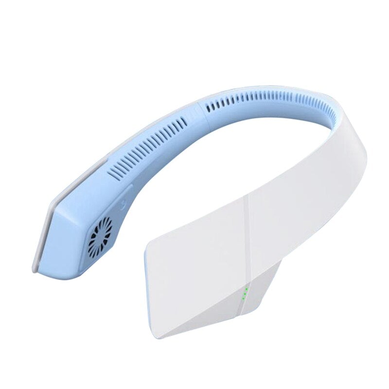 USB Rechargeable Sports Leafless Hanging Neck Fan in pink, designed for hands-free cooling with a stylish bladeless design.