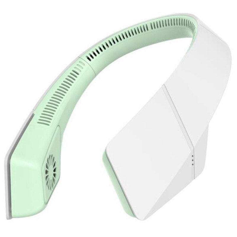 USB Rechargeable Sports Leafless Hanging Neck Fan in pink, designed for hands-free cooling with a stylish bladeless design.