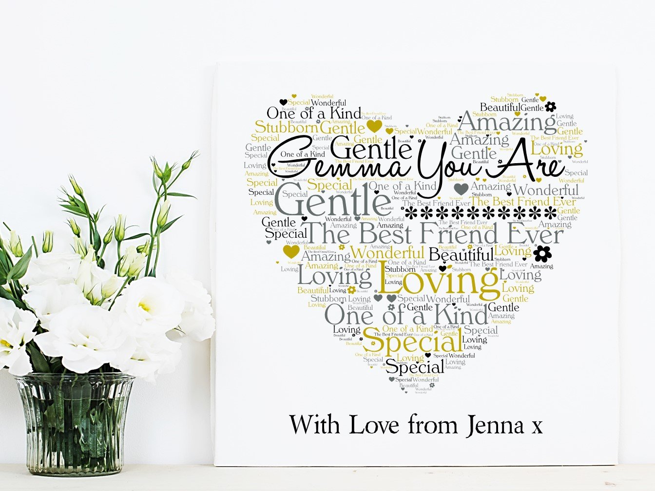 Heart-shaped word collage artwork