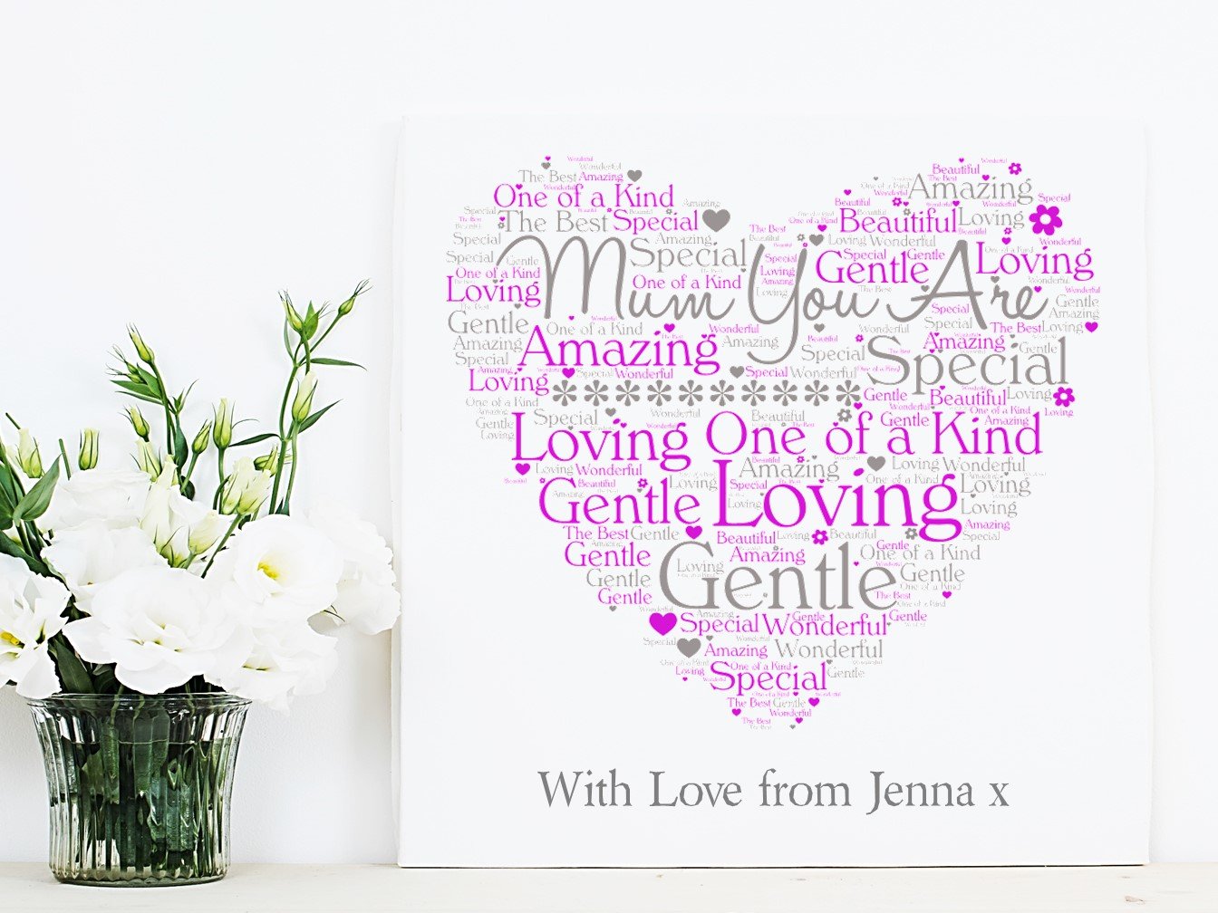 Heart-shaped word collage for Mum