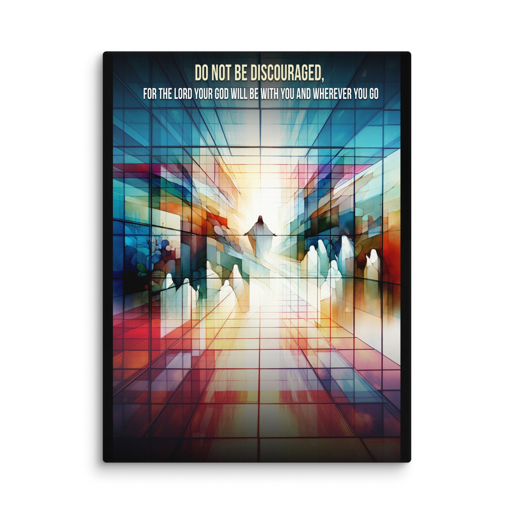 A vibrant canvas print titled 'Do Not Be Discouraged', showcasing motivational artwork with vivid colors on a thick poly-cotton blend canvas.