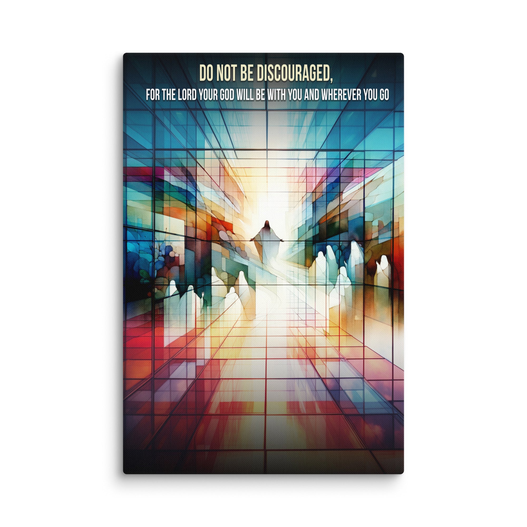 A vibrant canvas print titled 'Do Not Be Discouraged', showcasing motivational artwork with vivid colors on a thick poly-cotton blend canvas.