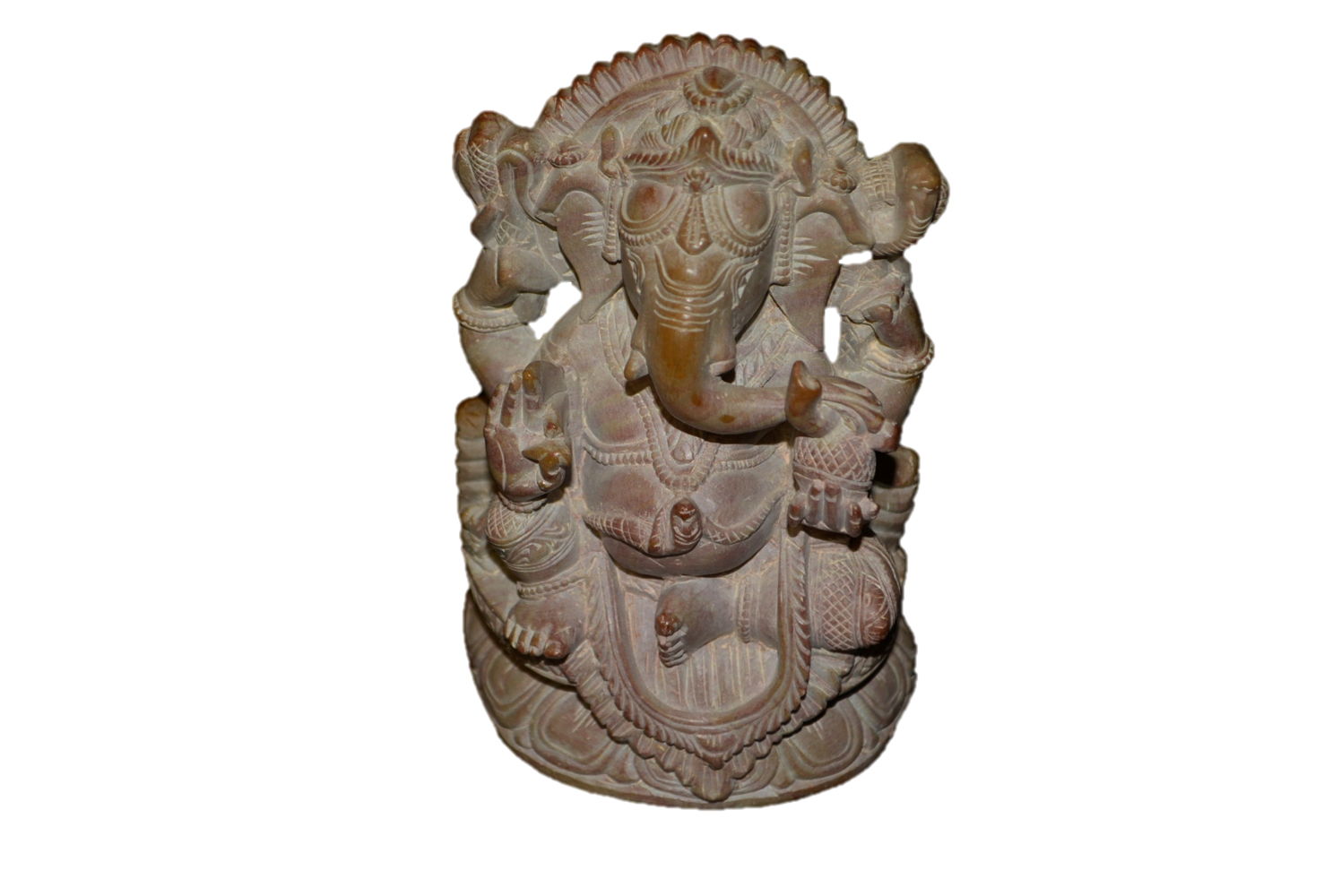 Handcrafted soapstone sculpture of God Ganesha with elephant head, showcasing intricate details and a serene expression, symbolizing wisdom and good fortune.