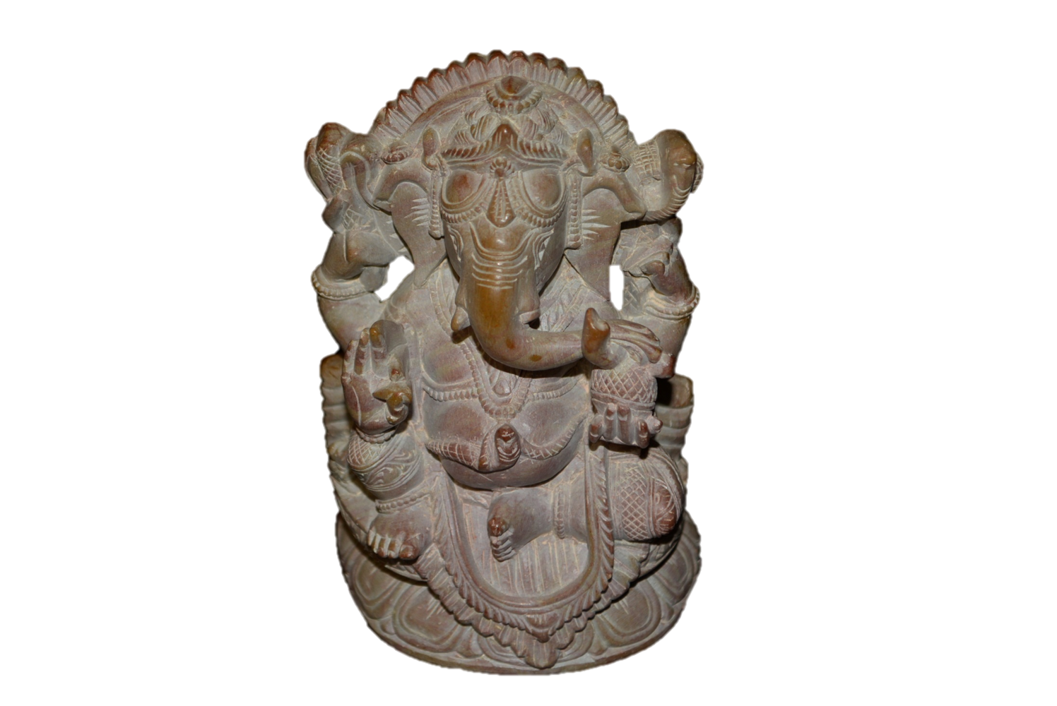 Handcrafted soapstone sculpture of God Ganesha with elephant head, showcasing intricate details and a serene expression, symbolizing wisdom and good fortune.