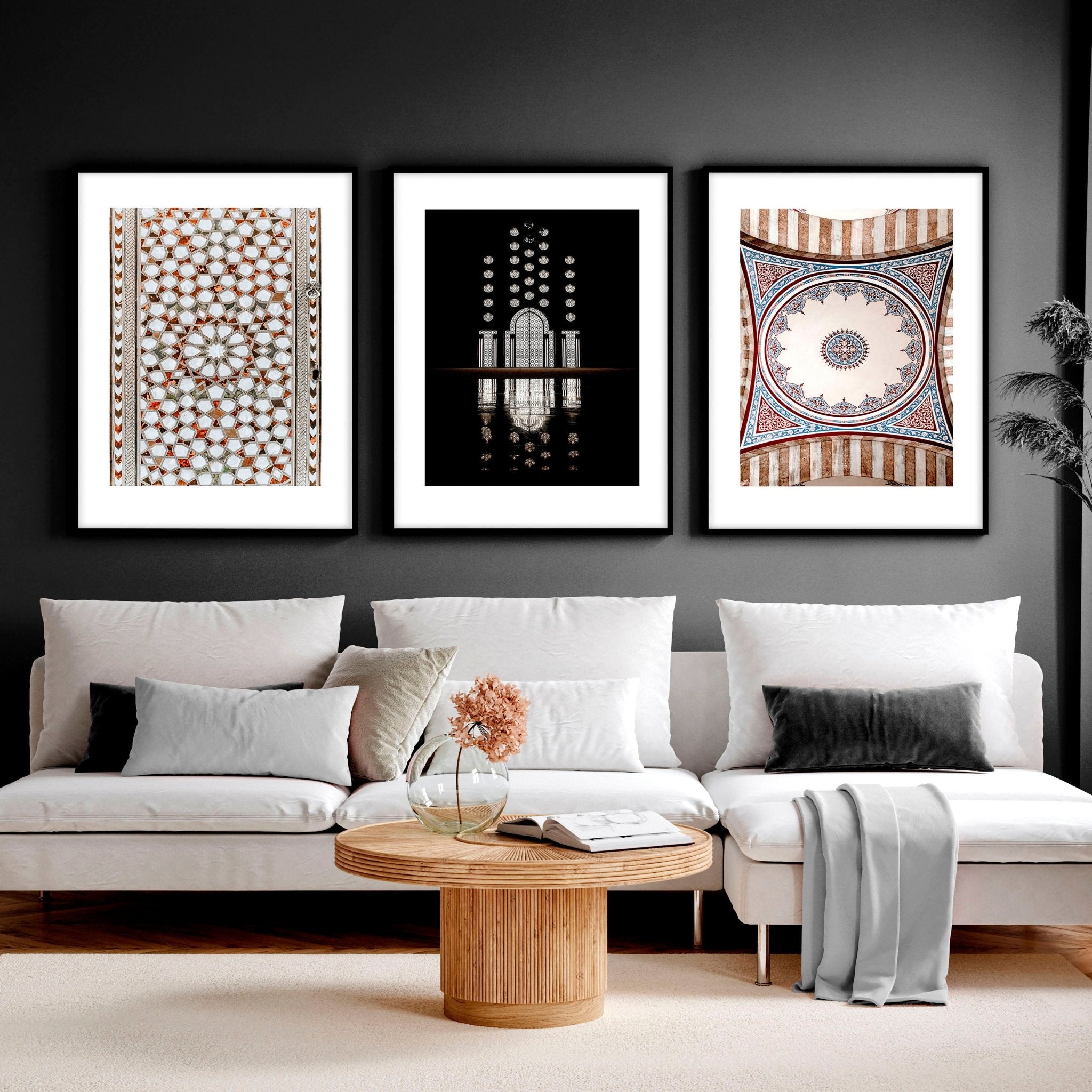 Set of 3 Islamic wall art prints featuring intricate calligraphy and vibrant mosaic designs, perfect for home decor.