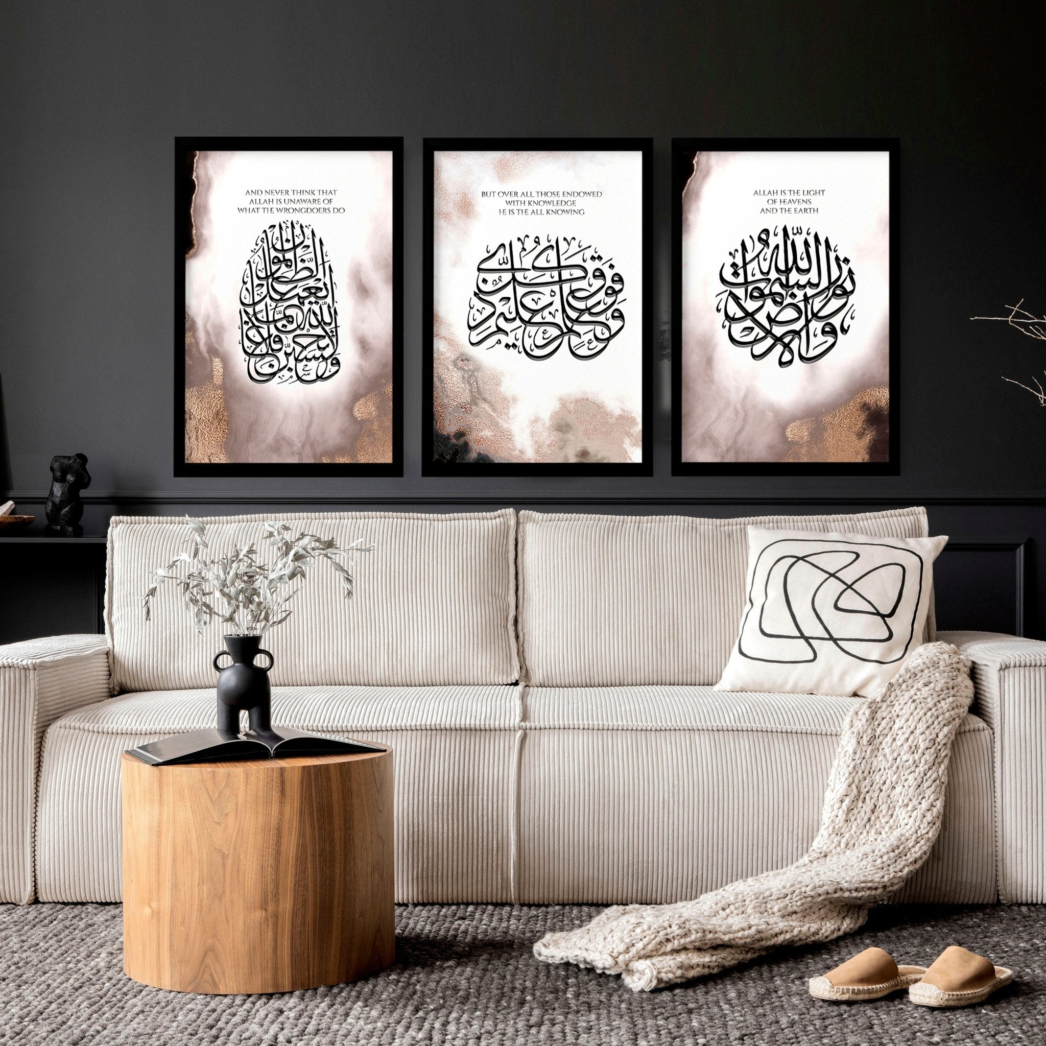 Set of 3 Islamic modern wall art prints featuring calligraphy in earth tones and rose gold accents, perfect for home decor.