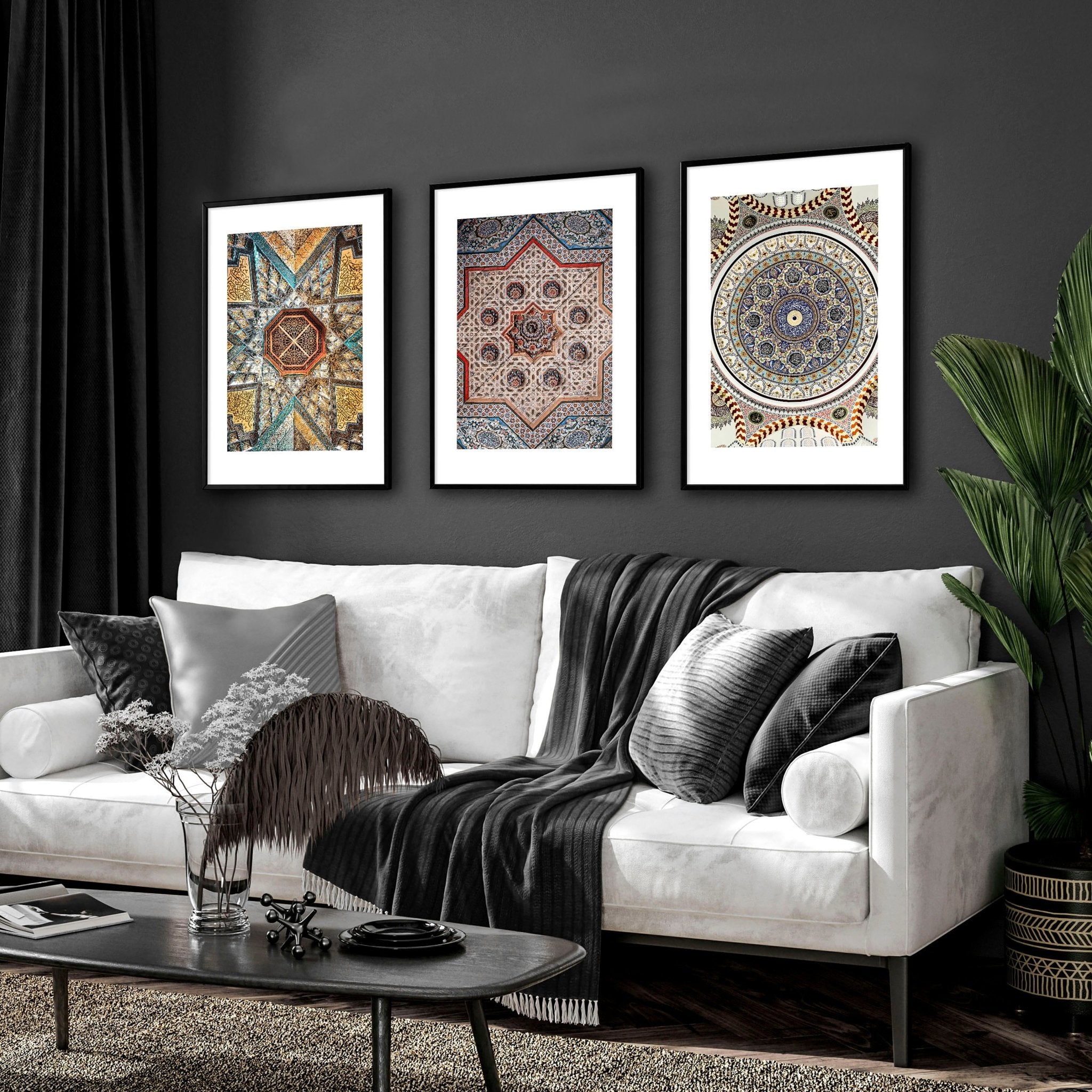 Set of 3 Islamic wall art prints featuring intricate Arabic mosaic designs in vibrant colors, perfect for home decor.