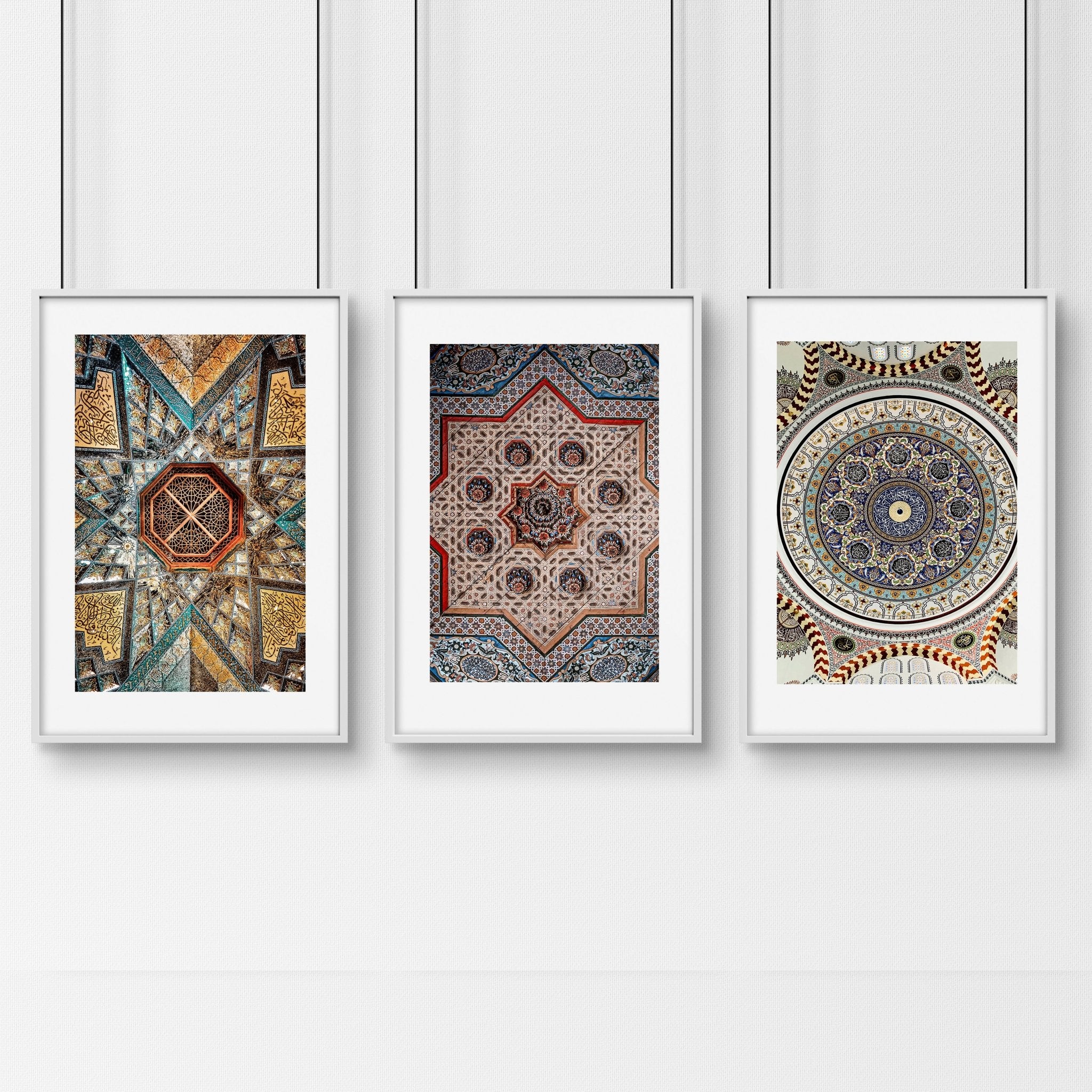 Set of 3 Islamic wall art prints featuring intricate Arabic mosaic designs in vibrant colors, perfect for home decor.