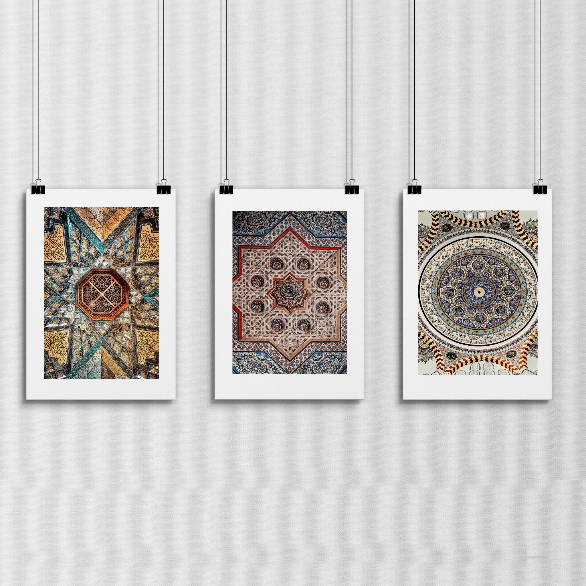 Set of 3 Islamic wall art prints featuring intricate Arabic mosaic designs in vibrant colors, perfect for home decor.