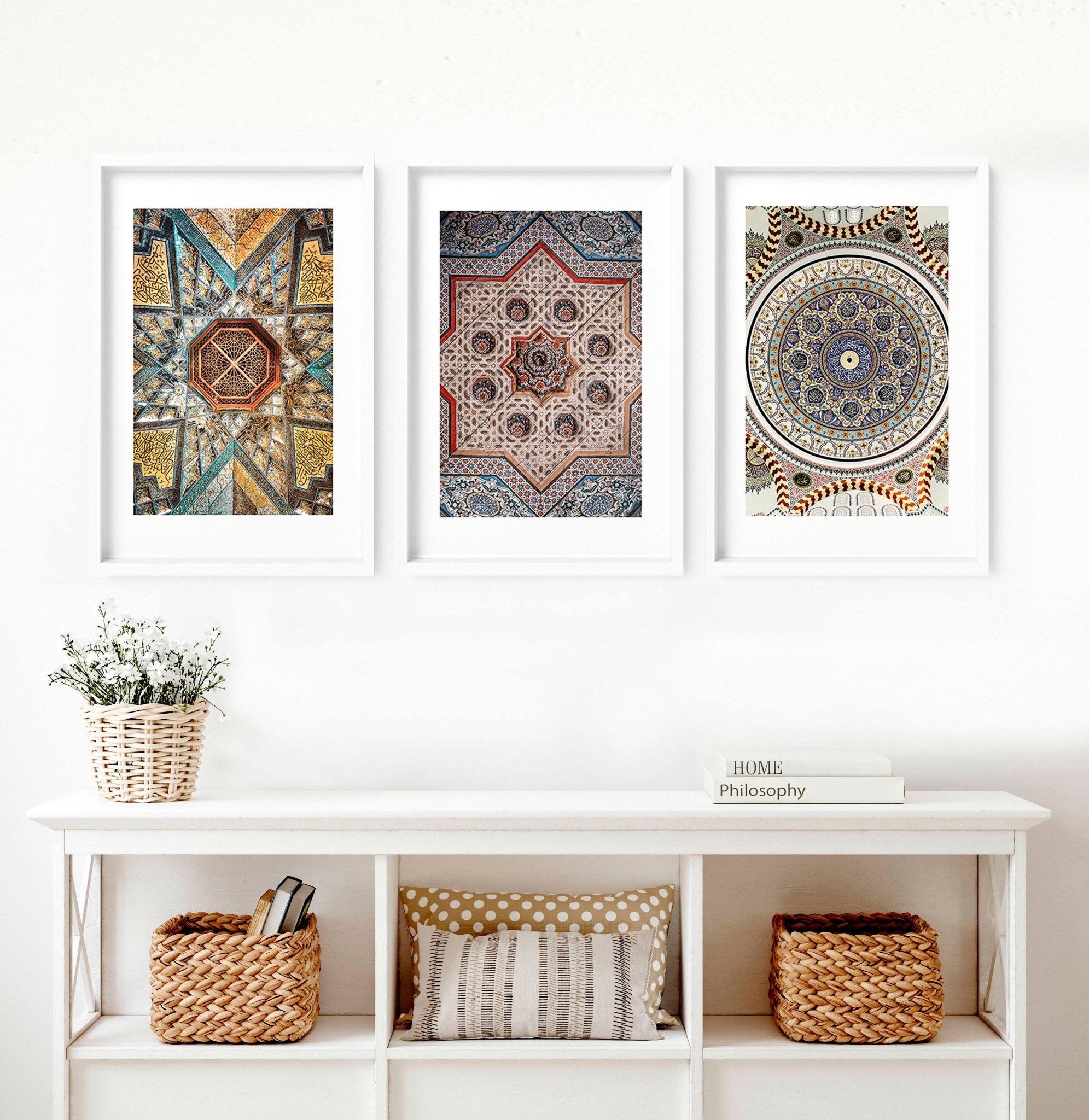Set of 3 Islamic wall art prints featuring intricate Arabic mosaic designs in vibrant colors, perfect for home decor.