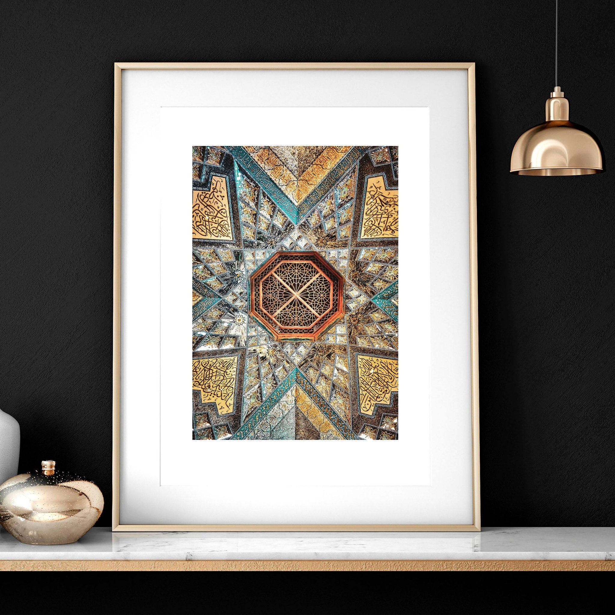 Set of 3 Islamic wall art prints featuring intricate Arabic mosaic designs in vibrant colors, perfect for home decor.